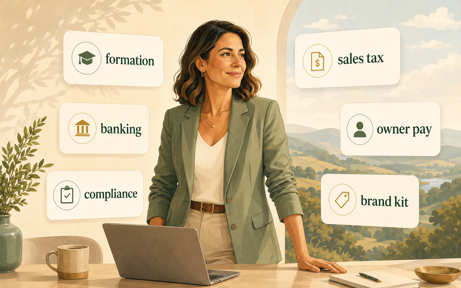 a small business owner standing at a desk with a laptop, surrounded by subtle floating cards labeled formation, sales tax, banking, owner pay, compliance, and brand kit.