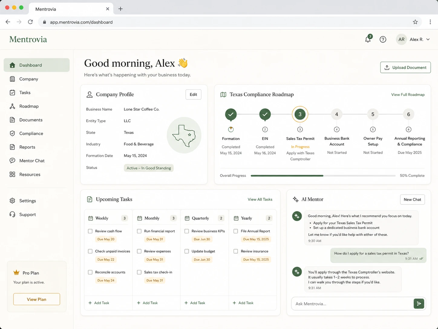 a realistic browser-based SaaS dashboard mockup for Mentrovia, an AI mentor for small business owners.
